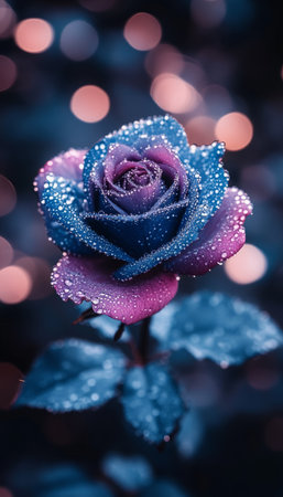 A macro image of a single blue and purple rose with dew drops, captured against a bokeh background.の素材