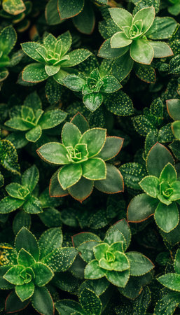 A close-up image showcases a vibrant collection of green succulent plants with textured, dotted leaves.の素材