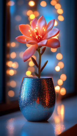 A single flower with illuminated petals is displayed in a blue glittery pot against a backdrop of blurred orange bokeh lights.の素材