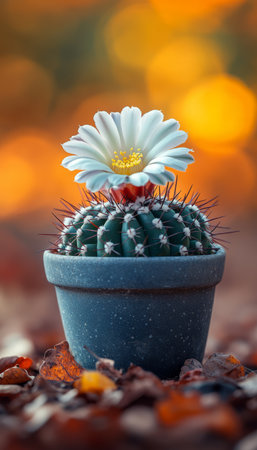 A close-up image of a cactus with a single white flower in bloom, sitting in a gray pot on a bed of autumn leaves.の素材