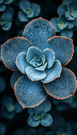 A close-up view of a single succulent plant, showcasing its blue-green leaves with textured surfaces and vibrant orange edges.の素材