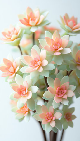 A close-up image of a cluster of pink and green succulents with delicate petals.の素材