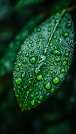 A macro photograph of a single, green leaf covered in small, round dew drops.の素材