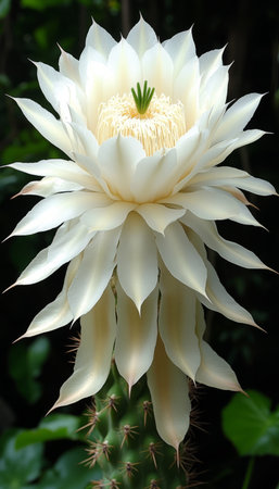 A close-up view of a white cactus flower with many petals blooming against a dark green background.の素材
