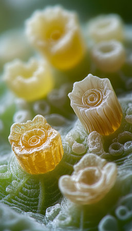 A detailed close-up of several translucent yellow and white flower-like structures with a green textured background.の素材