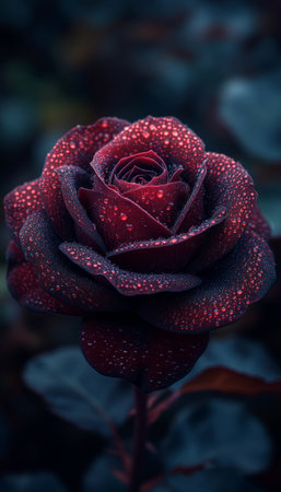 A close-up image of a single dark red rose with its petals covered in water droplets.の素材