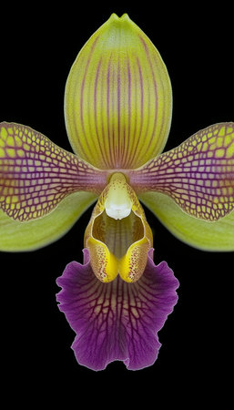 A detailed close-up of an orchid flower with vibrant purple and green petals against a black background.の素材