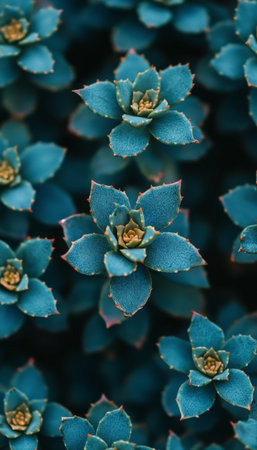 A close-up image showcasing the intricate details of blue succulent plants, highlighting their spiky edges and vibrant color.の素材