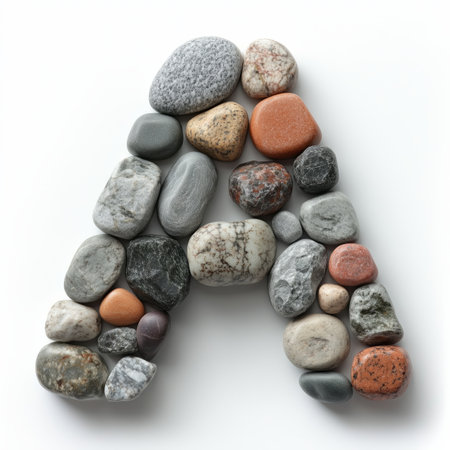 A letter formed by multiple smooth, differently-colored stones on a white background.の素材