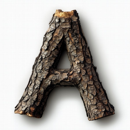 A close-up image of the letter A formed from a piece of tree bark, isolated against a white background.の素材
