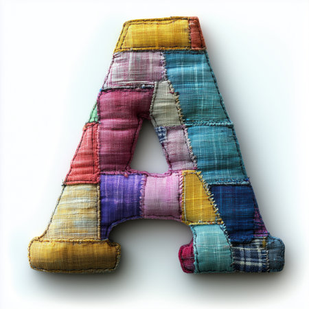 A single uppercase letter &quot;A&quot; crafted from colorful fabric patches.の素材