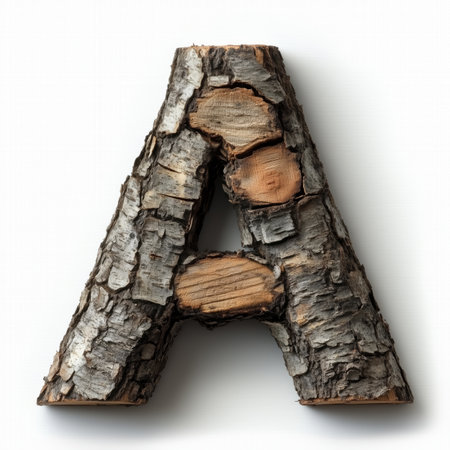 A wooden letter &quot;A&quot; crafted from tree bark, isolated against a white background.の素材