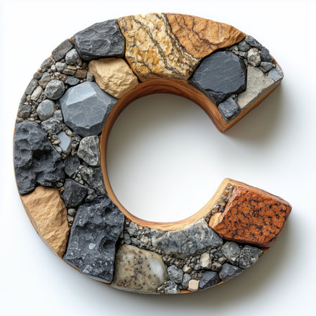 A close-up of a letter C made with a mosaic of various stones and wood.の素材