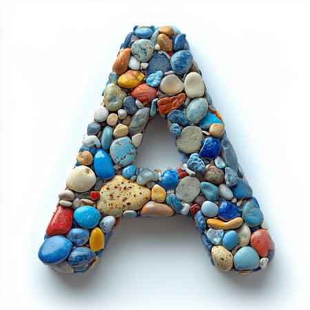 A close-up of the letter A made from colorful pebbles on a white background.の素材