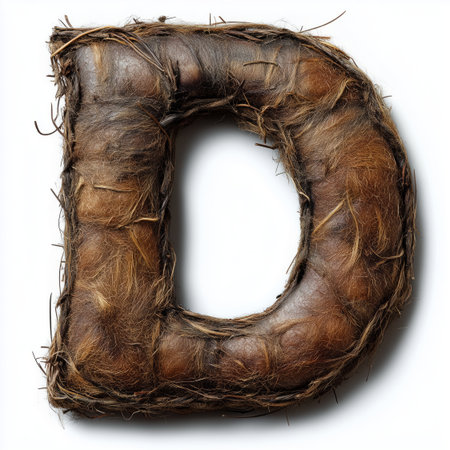 A close-up of a brown coconut shell, naturally shaped like the letter "D", isolated against a white background.の素材