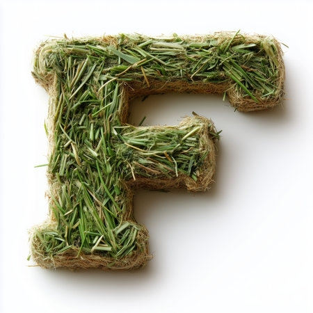 A close-up image of the letter &quot;F&quot; formed from blades of green grass against a white background.の素材