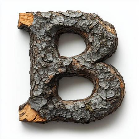A close-up of the letter B formed by tree bark, isolated on a white background.の素材