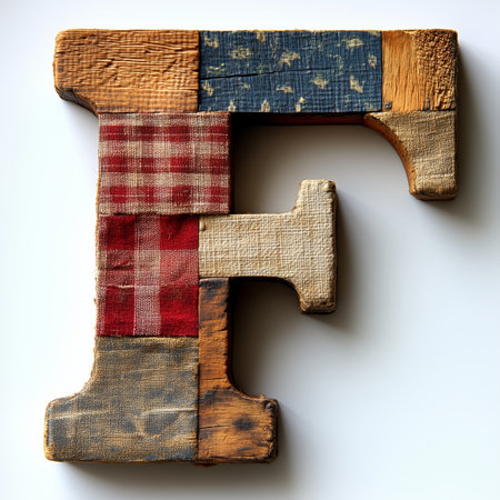 A close-up image of a wooden letter "F" constructed from different fabric patches.の素材