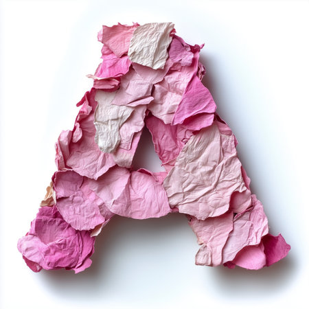 A letter &quot;A&quot; created from pink rose petals on a white background.の素材