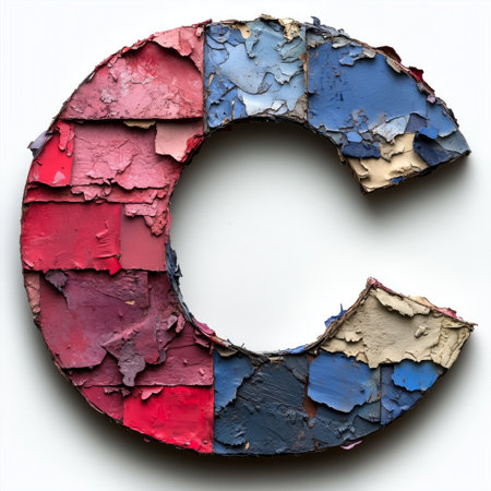 A close-up view of a letter &quot;C&quot; constructed from painted wood, featuring a chipped and cracked surface.の素材