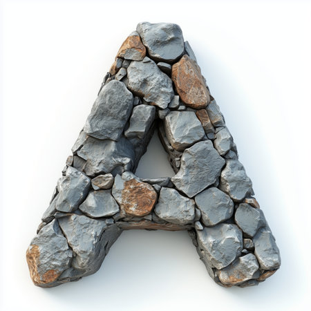 A 3D rendering of the letter &quot;A&quot; made of stacked stones, isolated on a white background.の素材