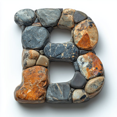 A capital letter &quot;B&quot; formed from many gray, brown, and white stones.の素材