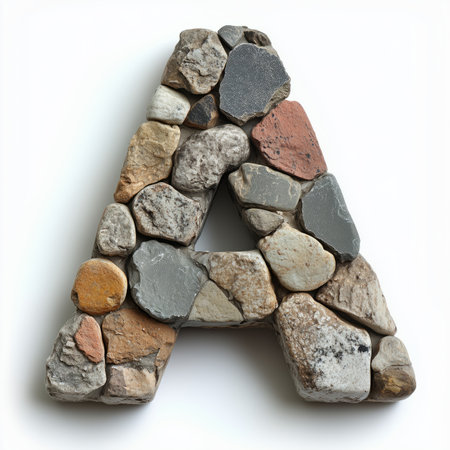A single letter &quot;A&quot; formed from various stones arranged against a white backdrop.の素材