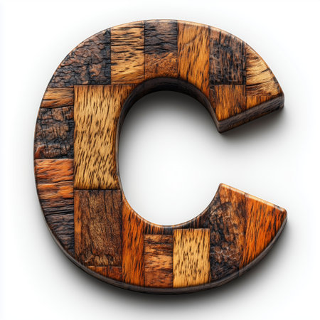 A close-up of a wooden letter C, crafted from various types of wood, showcasing unique grain patterns and textures.の素材
