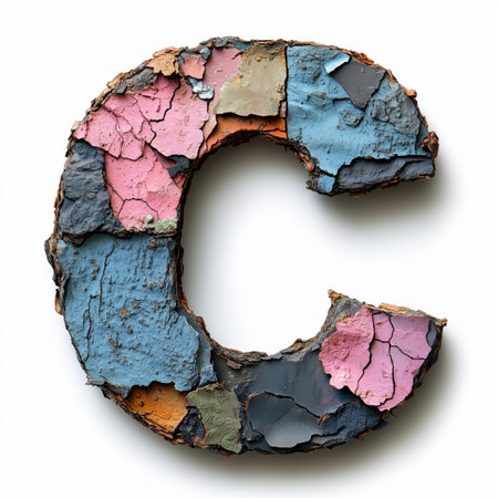 A close-up of the letter C formed by cracked and peeling paint of various colors.の素材