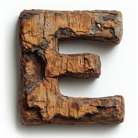 A weathered, wooden letter E isolated on a white background.の素材