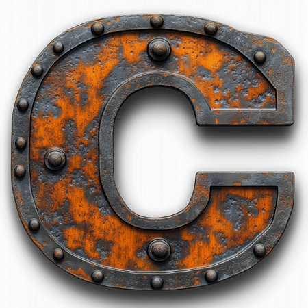 A close-up of a rusty metal letter C with rivets, isolated on a white background.の素材