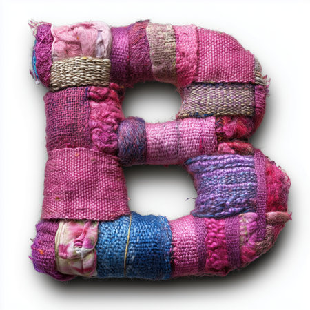 A close-up image of the letter B formed using a variety of pink, blue, and purple fabric.  The fabric is stitched together and creates a unique texture.の素材