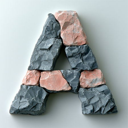 A letter &quot;A&quot; formed from grey and pink rocks against a white background.の素材