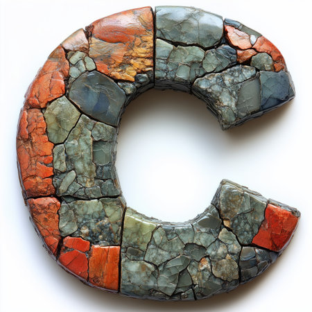 A mosaic letter C formed from small, polished stones in shades of green, red, and brown, against a white background.の素材