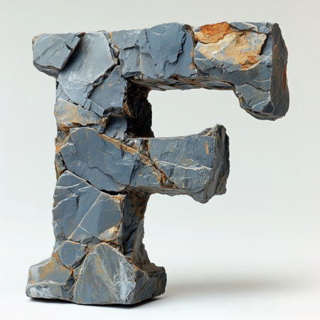 A close-up image of the letter "F" sculpted from gray and brown stone fragments, isolated against a white background.の素材