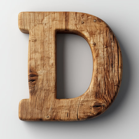 A close-up of a carved wooden letter &quot;D&quot; with a detailed texture, isolated on a white background.の素材