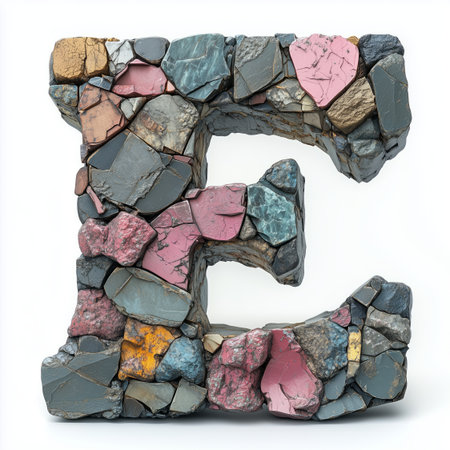A 3D render of the letter E formed by assorted stones.の素材