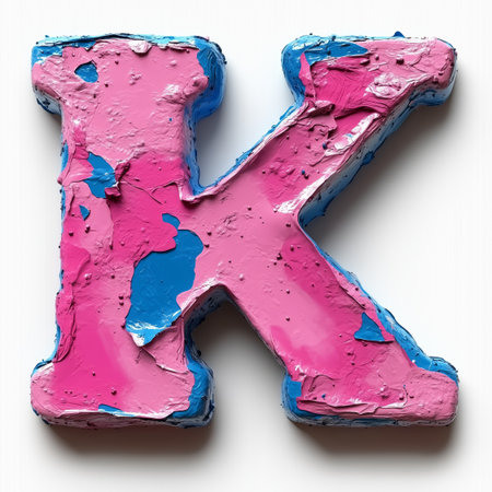 A three-dimensional, stylized letter K rendered in pink and blue paint, set against a white background.の素材