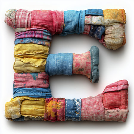 A close-up of a letter &quot;E&quot; crafted from colorful patchwork fabric, isolated on a white background.の素材