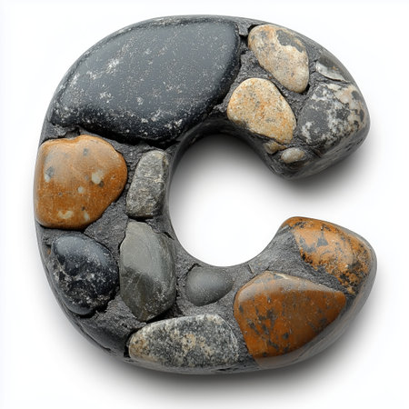 A letter "C" constructed from small stones in shades of gray, black, brown, and white.の素材