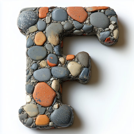 A close-up of the letter F constructed from pebbles and cement, isolated on a white background.の素材
