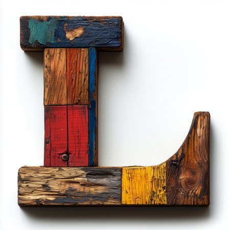 A single letter &quot;L&quot; crafted from weathered wood planks with various colors of paint.の素材