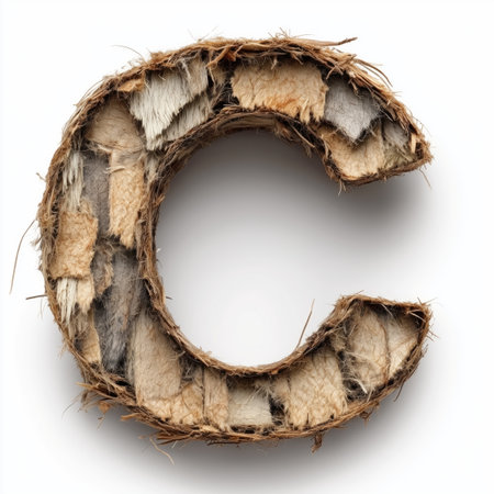 A close-up shot of a coconut husk that has been shaped into the letter C, isolated on a white background.の素材