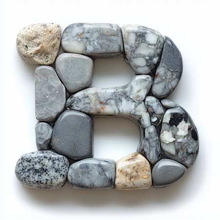 A close-up of the letter &quot;B&quot; formed by smooth, irregularly shaped stones in various shades of gray, white, and black against a white background.の素材