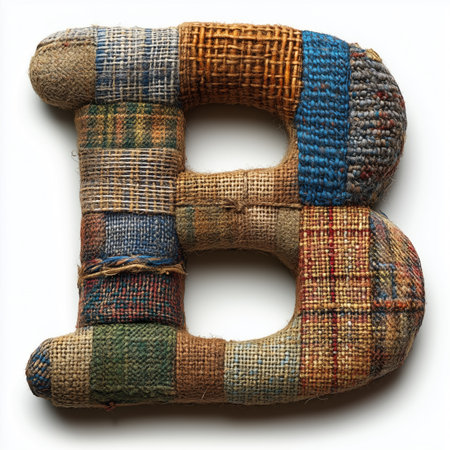 A close-up of the letter B made from various pieces of woven fabric.の素材