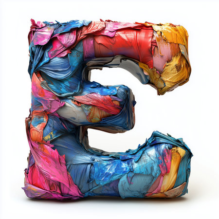 A 3D rendering of the letter E sculpted with colorful paint and isolated on a white background.の素材