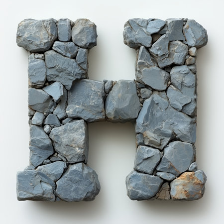 A close-up of a 3D-rendered letter &quot;H&quot; created by stacking grey rocks.の素材