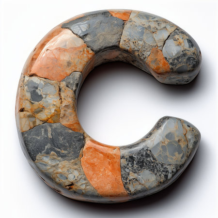 A close-up image of a smooth, polished stone with orange and gray patterns, shaped like the letter "C" against a white background.の素材