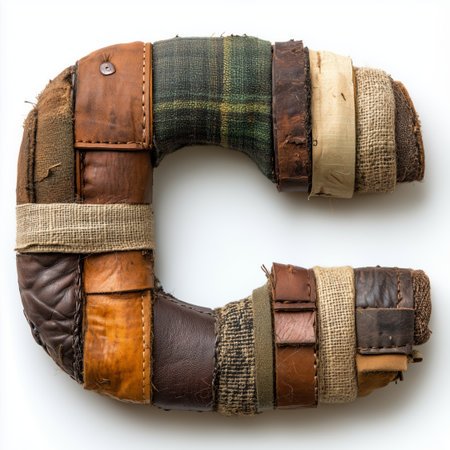A close-up image of the letter &quot;C&quot; created from various types of brown leather and fabric patches.の素材