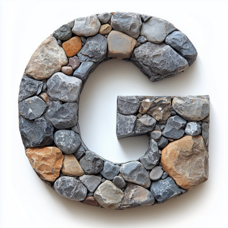 A letter G formed by arranging various sizes and colors of stones against a white backdrop.の素材